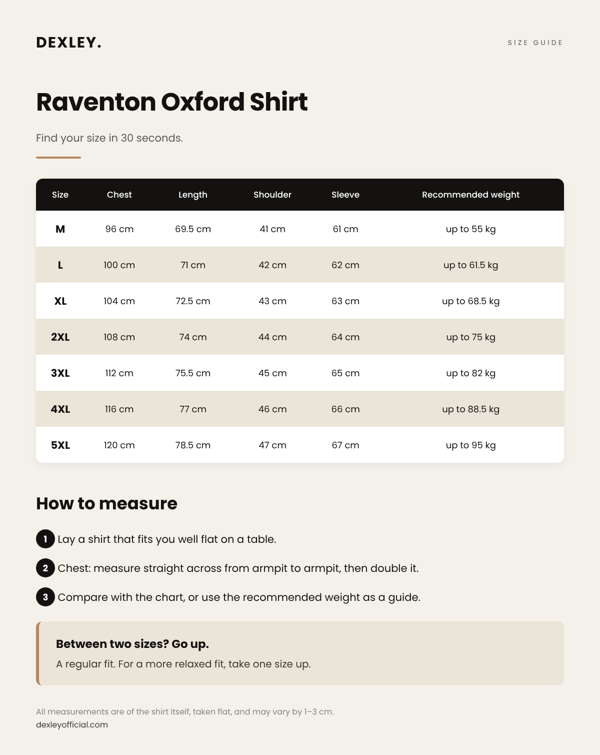 Raventon Oxford Shirt size guide