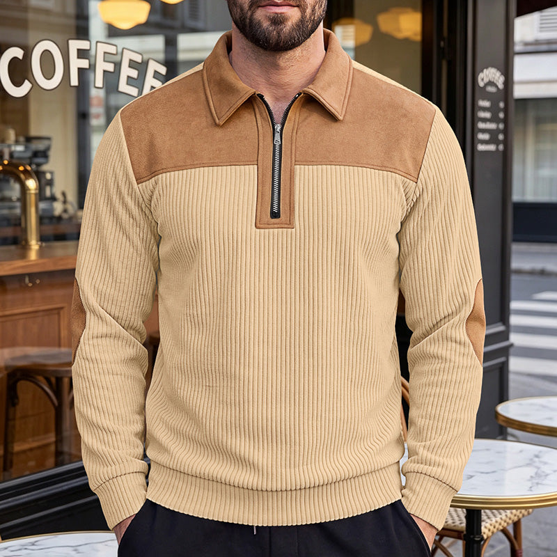 Men's Quarter-Zip Color Block Ribbed Knit Sweater