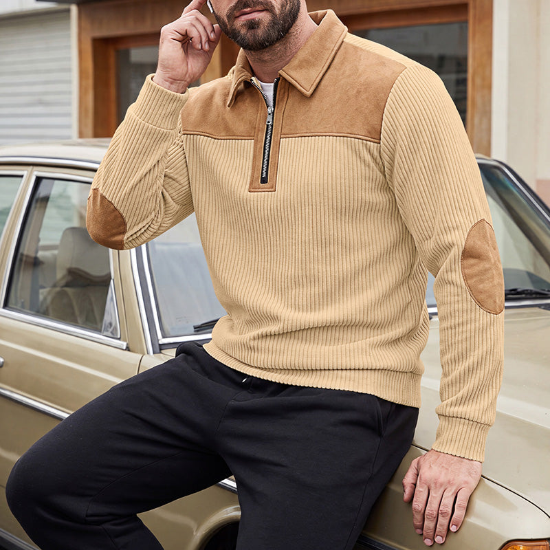 Men's Quarter-Zip Color Block Ribbed Knit Sweater