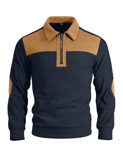 Men's Quarter-Zip Color Block Ribbed Knit Sweater