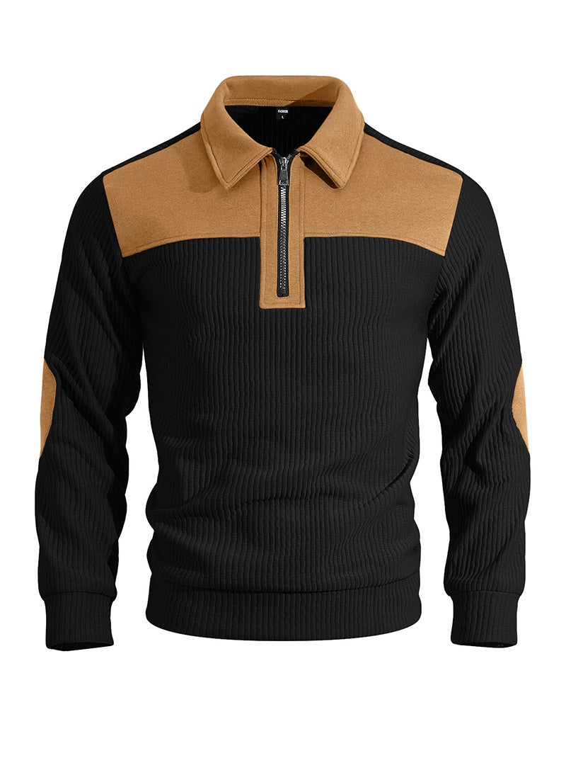 Men's Quarter-Zip Color Block Ribbed Knit Sweater
