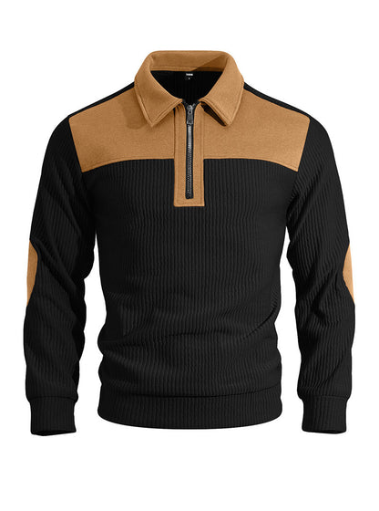 Men's Quarter-Zip Color Block Ribbed Knit Sweater