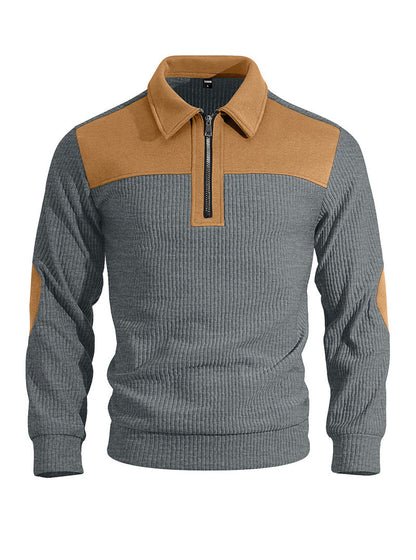 Men's Quarter-Zip Color Block Ribbed Knit Sweater