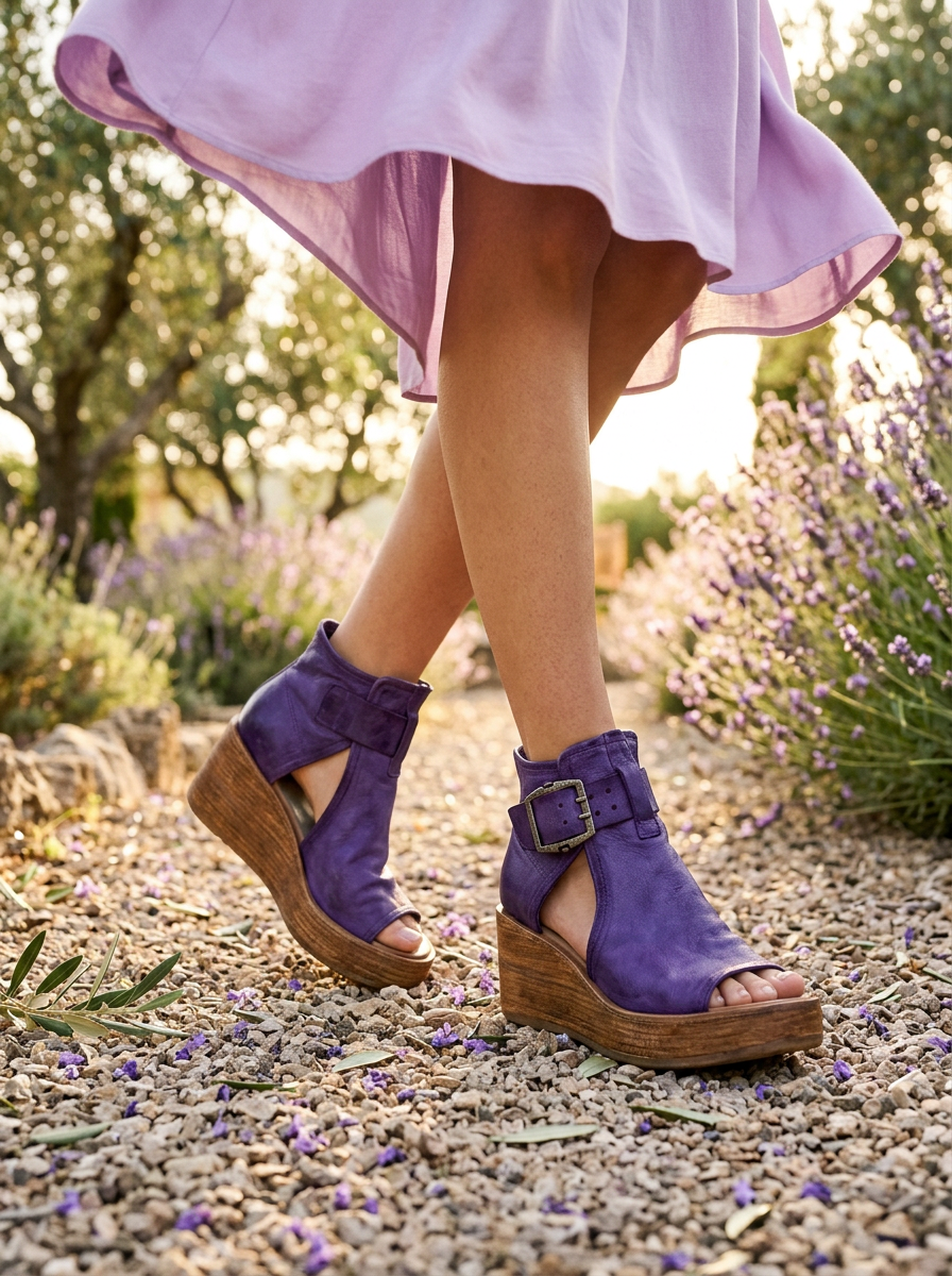 Sandali Ginevra viola con zeppa indossati con abito estivo in giardino