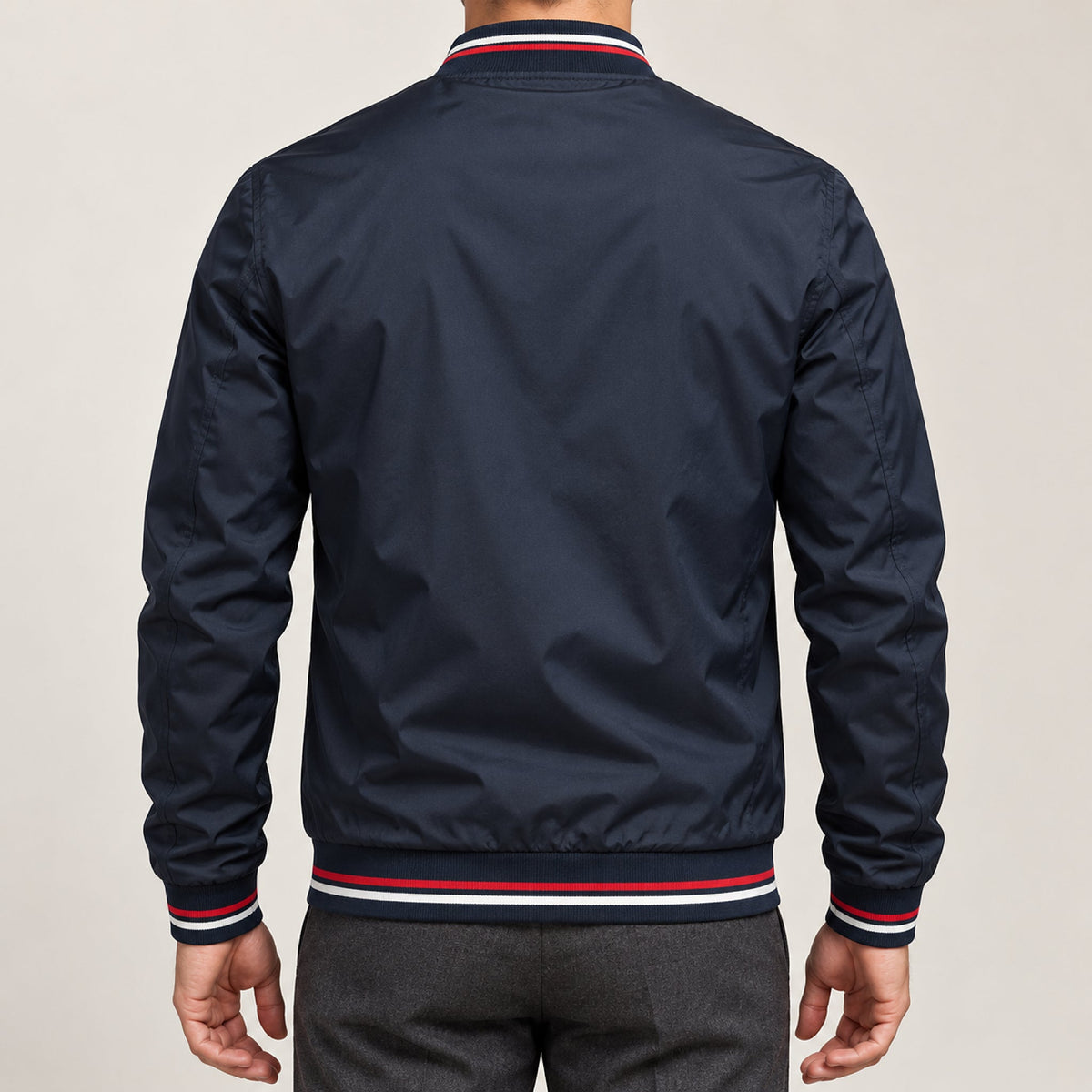Whitman Striped-Trim Bomber Jacket — Navy Blue