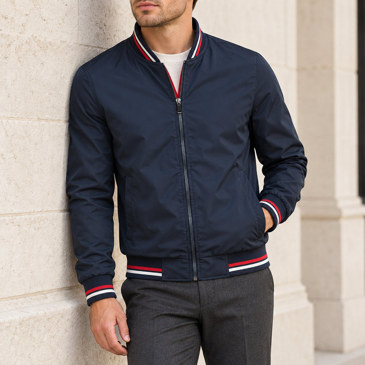 Whitman Striped-Trim Bomber Jacket — Navy Blue