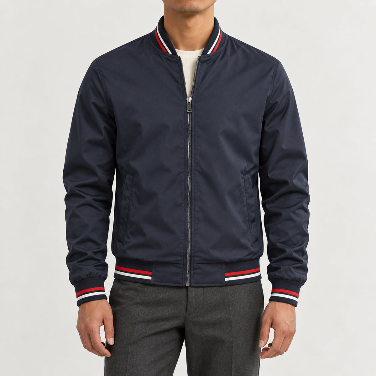 Whitman Striped-Trim Bomber Jacket — Navy Blue
